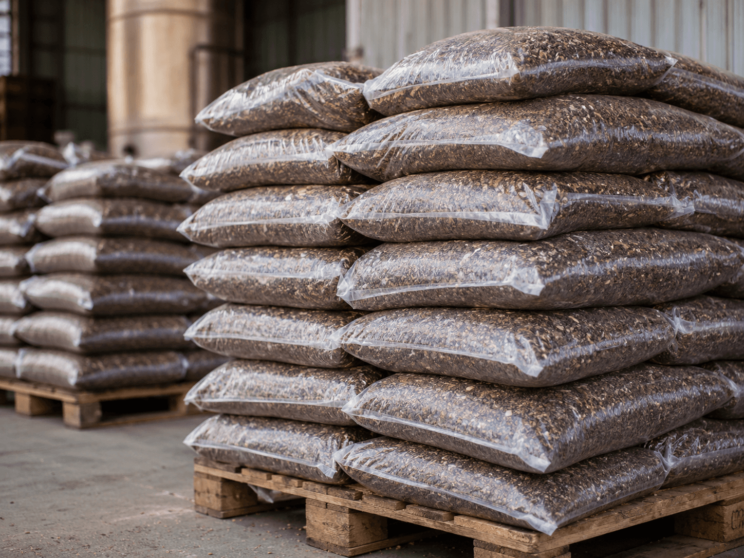 Transparent bags of biomass fuel stacked on pallets