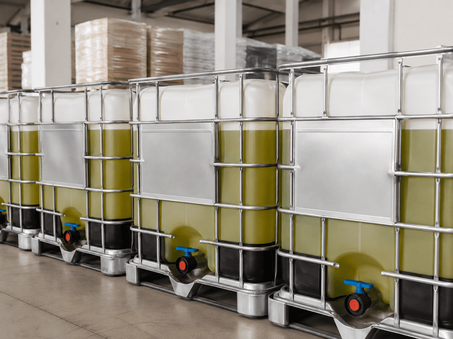 Caged IBC containers filled with oil, lined up in a warehouse